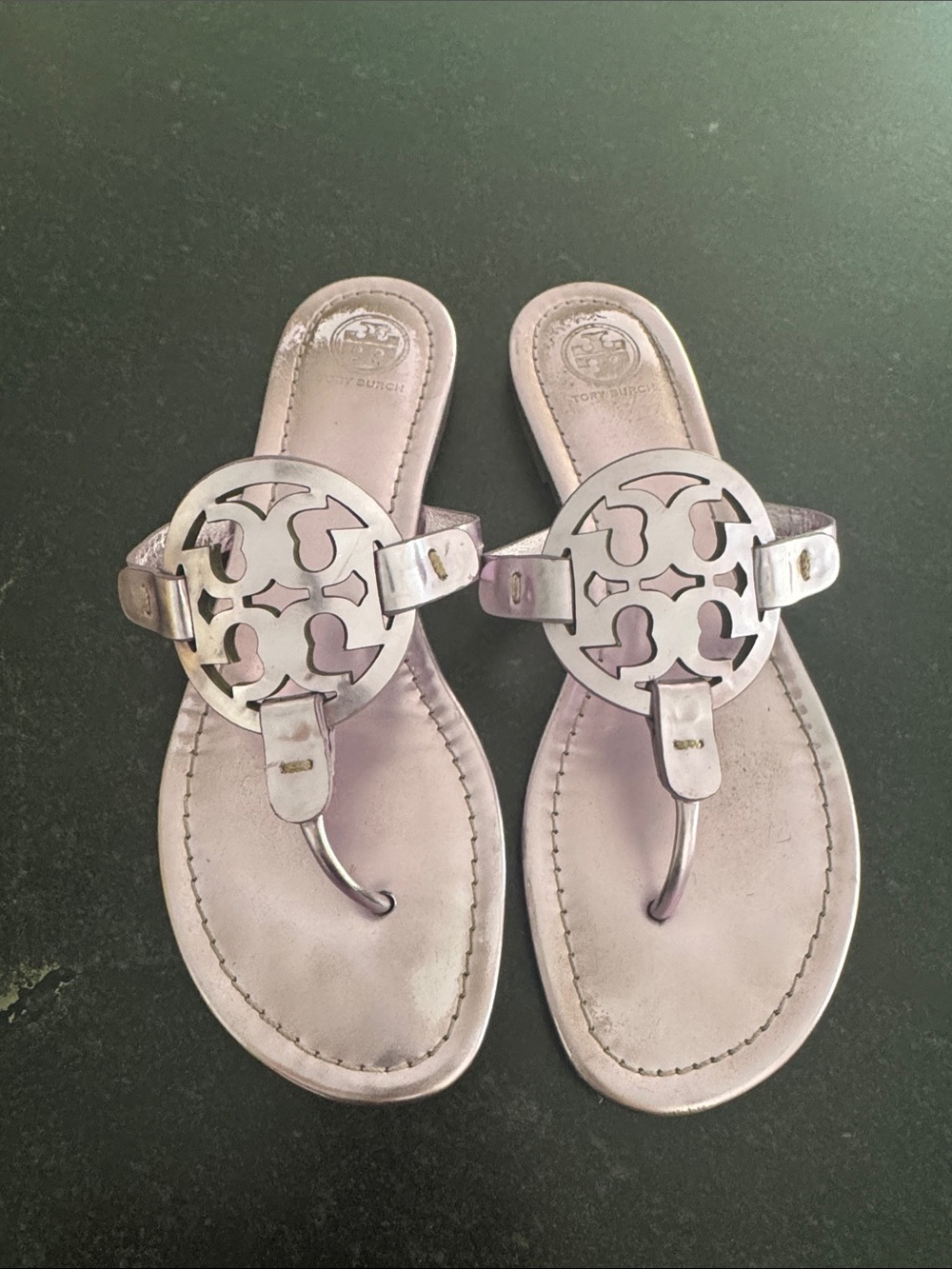 Tory Burch Metallic Lavender Logo Thong Sandals